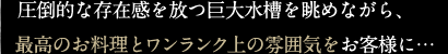 圧倒的な存在感を放つ巨大水槽を眺めながら、最高のお料理とワンランク上の雰囲気をお客様に
